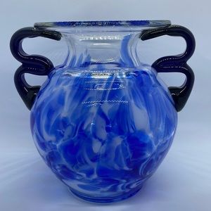 Cobalt Blue Art Glass Vase. Dual Doible Handled.